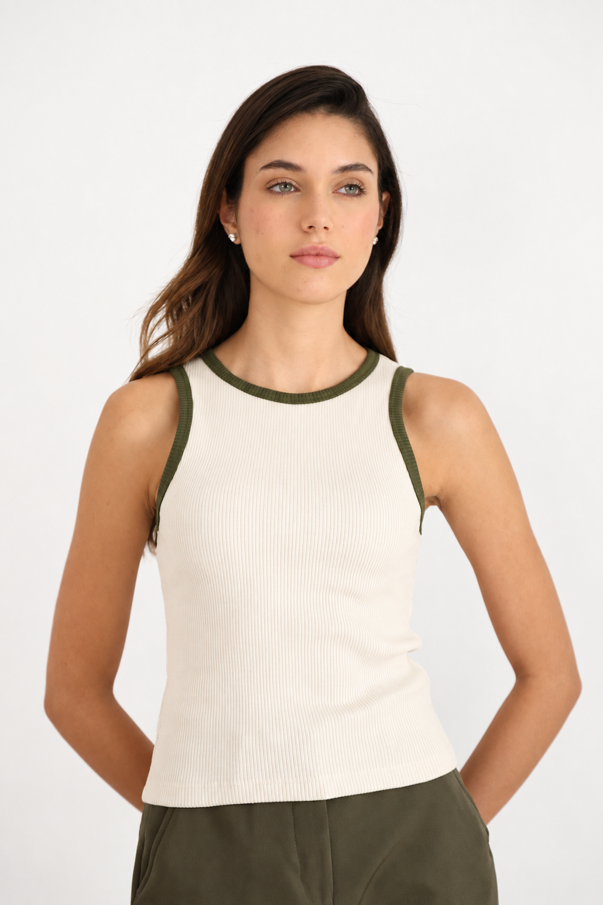 Tank Top Beige con Verde Oliva