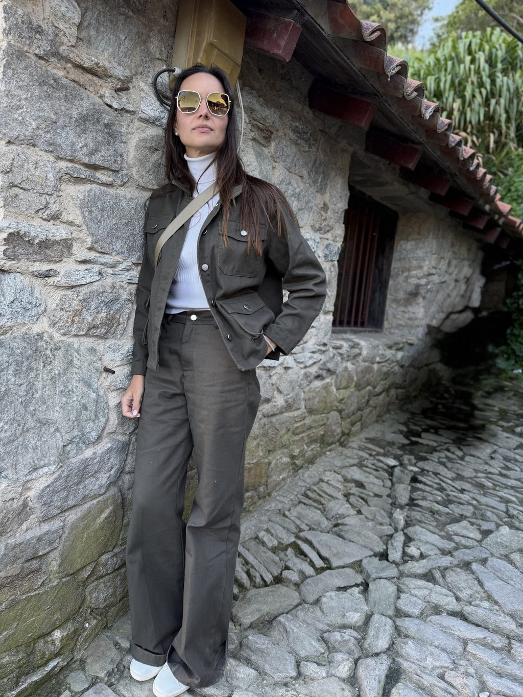 Pantalón Palazzo Denim Verde Oliva